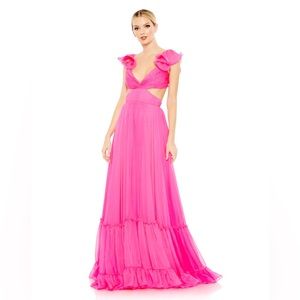Mac Duggal Ruched Ruffled Shoulder Cut Out Lace Up Gown